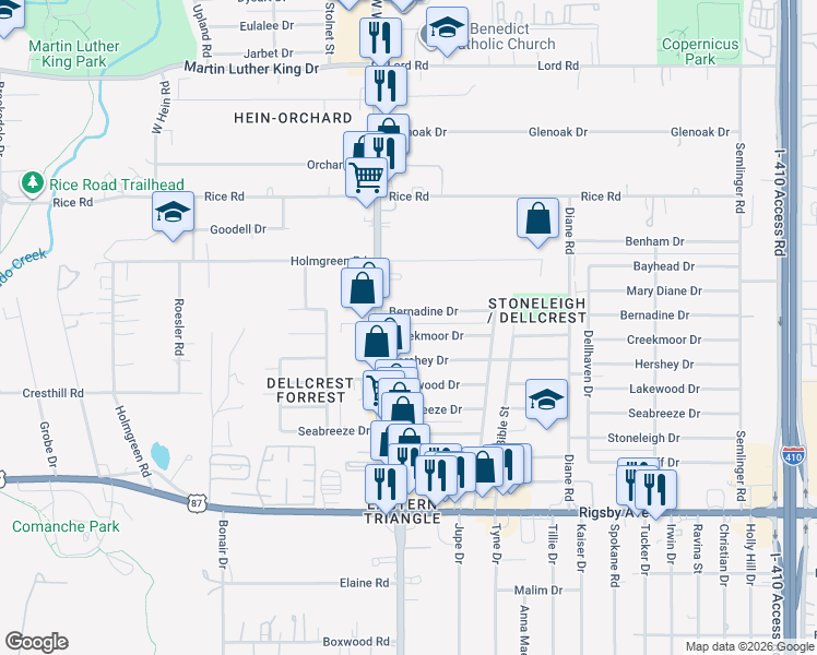 map of restaurants, bars, coffee shops, grocery stores, and more near 4515 Creekmoor Drive in San Antonio