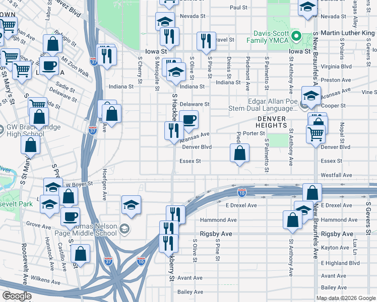map of restaurants, bars, coffee shops, grocery stores, and more near 328 Denver Boulevard in San Antonio
