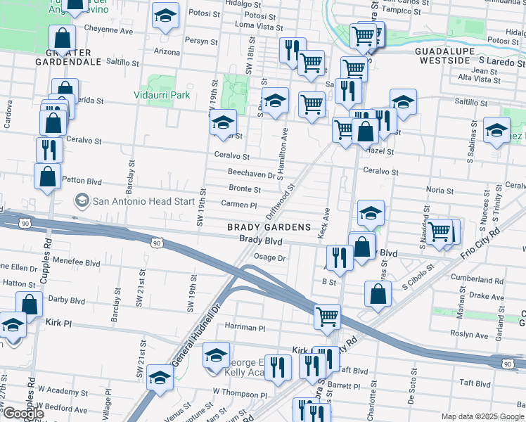 map of restaurants, bars, coffee shops, grocery stores, and more near 210 Carmen Place in San Antonio