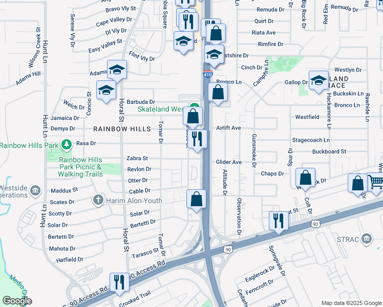 map of restaurants, bars, coffee shops, grocery stores, and more near 2525 Southwest Loop 410 in San Antonio