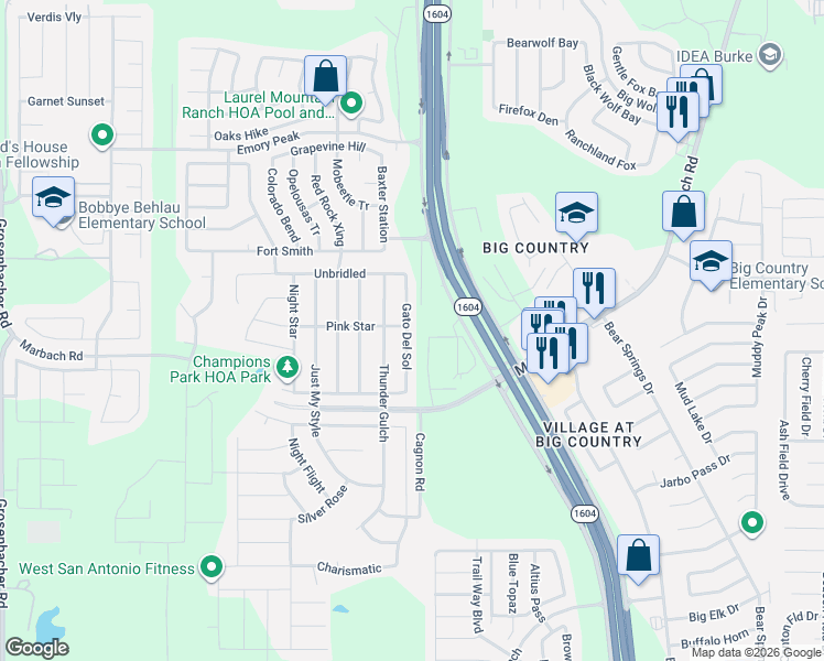 map of restaurants, bars, coffee shops, grocery stores, and more near 2610 Gato Del Sol in San Antonio