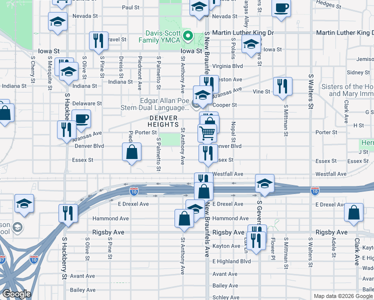 map of restaurants, bars, coffee shops, grocery stores, and more near 806 Denver Blvd in San Antonio