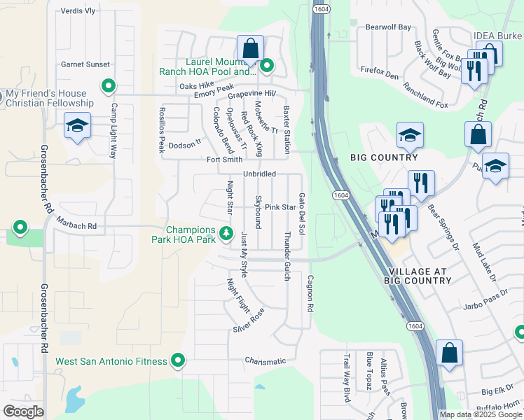 map of restaurants, bars, coffee shops, grocery stores, and more near 2602 Skybound in San Antonio