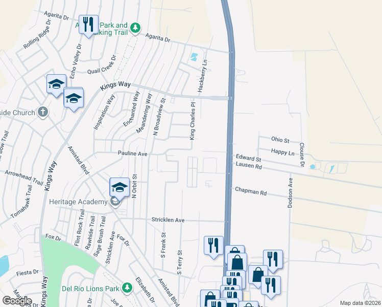 map of restaurants, bars, coffee shops, grocery stores, and more near 100 Pauline Ave in Del Rio
