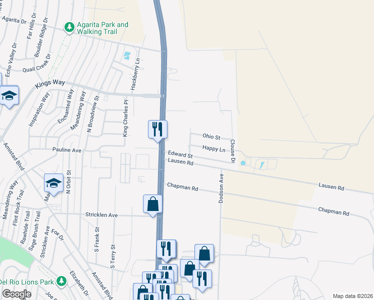 map of restaurants, bars, coffee shops, grocery stores, and more near 101 Edward Street in Del Rio