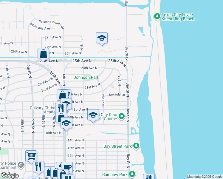 map of restaurants, bars, coffee shops, grocery stores, and more near 125 20th Avenue North in Texas City
