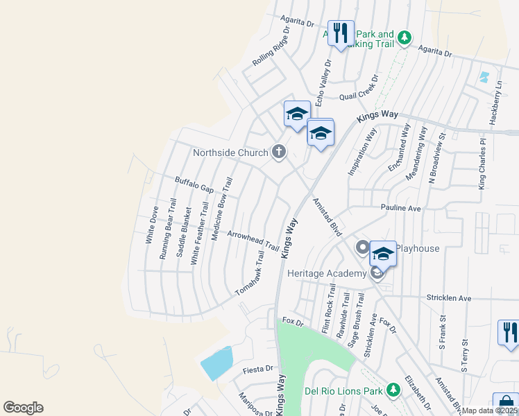 map of restaurants, bars, coffee shops, grocery stores, and more near 110 Peacepipe Trail in Del Rio