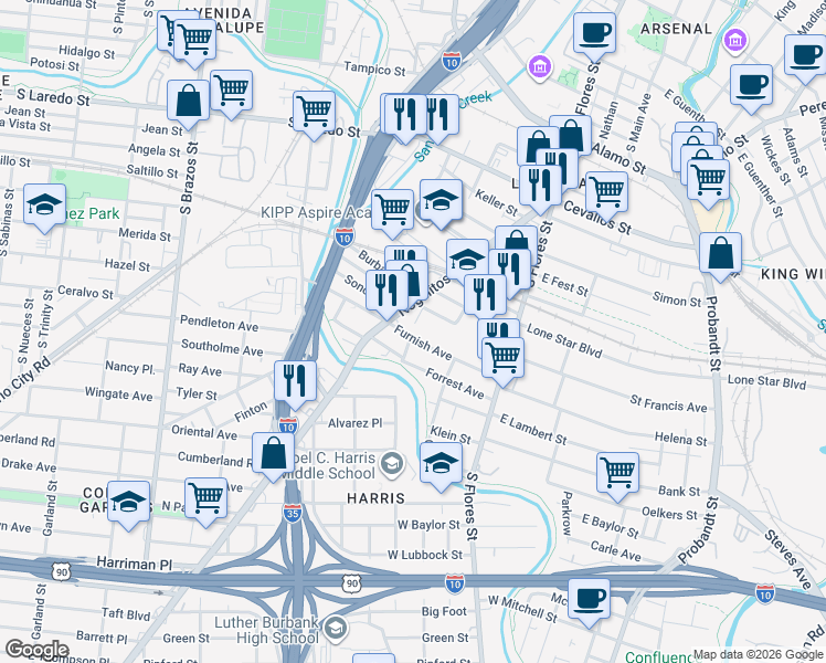 map of restaurants, bars, coffee shops, grocery stores, and more near 237 Furnish Avenue in San Antonio