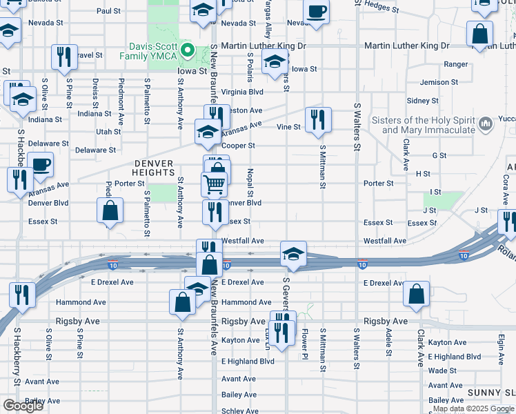 map of restaurants, bars, coffee shops, grocery stores, and more near 1010 Denver Boulevard in San Antonio
