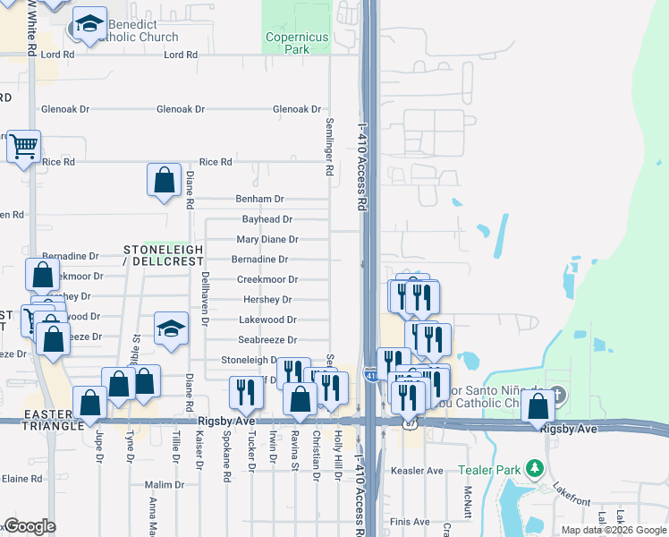 map of restaurants, bars, coffee shops, grocery stores, and more near 1915 South East Loop 410 in San Antonio