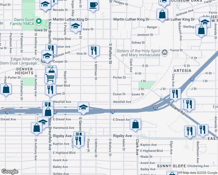 map of restaurants, bars, coffee shops, grocery stores, and more near 1246 Denver Boulevard in San Antonio