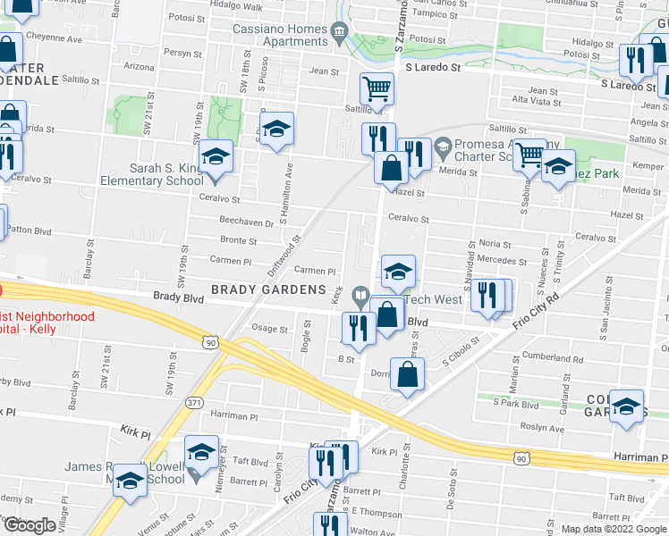 map of restaurants, bars, coffee shops, grocery stores, and more near 107 Carmen Place in San Antonio