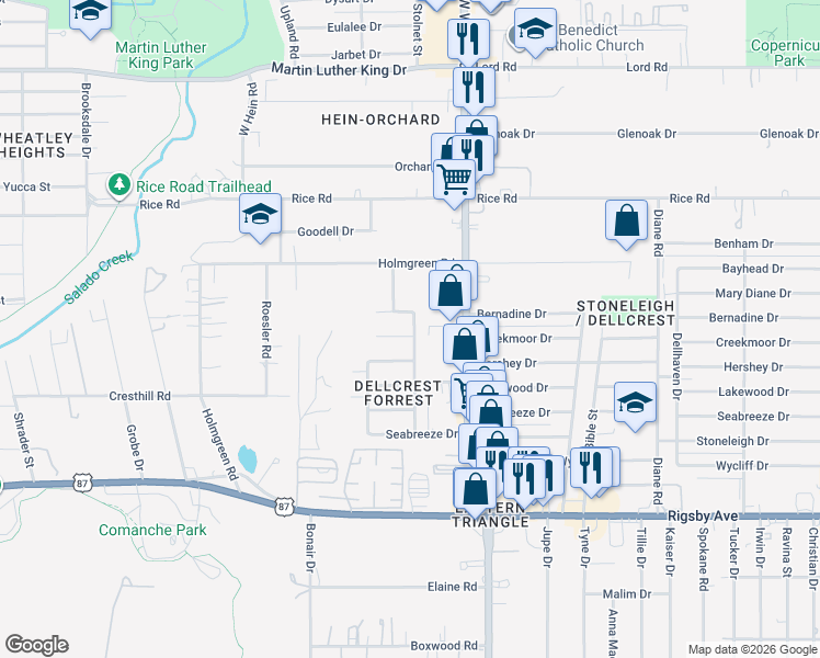 map of restaurants, bars, coffee shops, grocery stores, and more near 4427 Hampstead Street in San Antonio