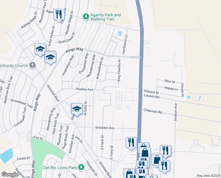 map of restaurants, bars, coffee shops, grocery stores, and more near 114 Pauline Avenue in Del Rio