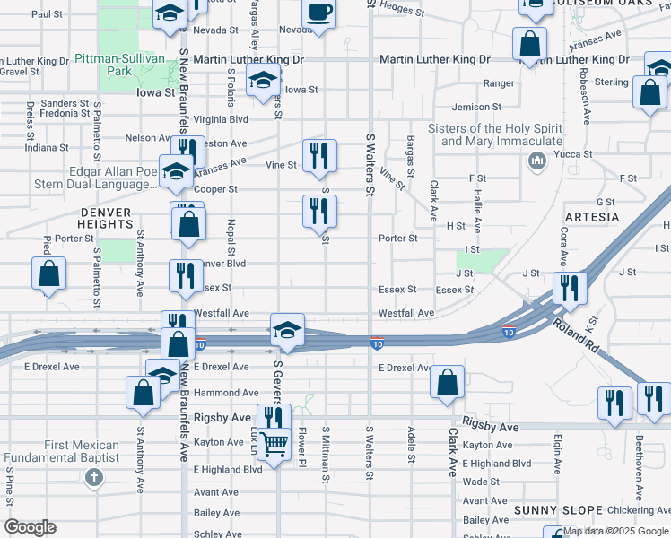 map of restaurants, bars, coffee shops, grocery stores, and more near 1210 Denver Boulevard in San Antonio