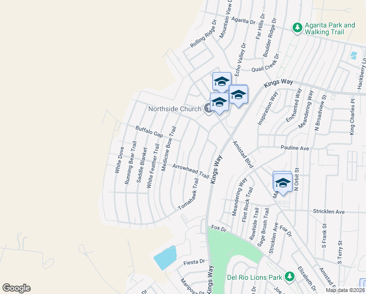 map of restaurants, bars, coffee shops, grocery stores, and more near 116 Warbonnet Trail in Del Rio