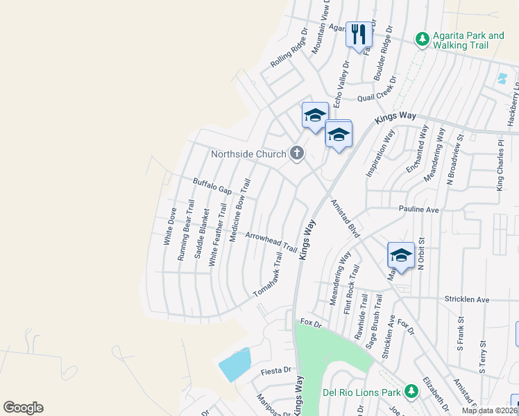 map of restaurants, bars, coffee shops, grocery stores, and more near 116 Warbonnet Trail in Del Rio