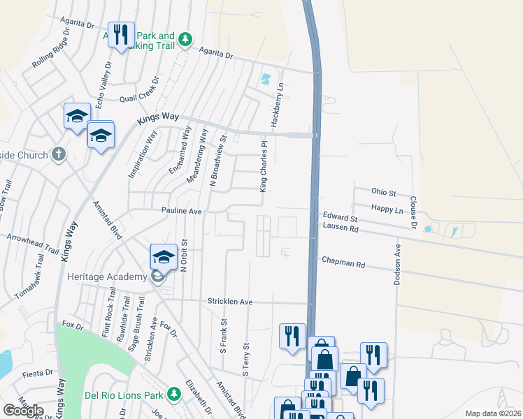 map of restaurants, bars, coffee shops, grocery stores, and more near 100 Pauline Avenue in Del Rio