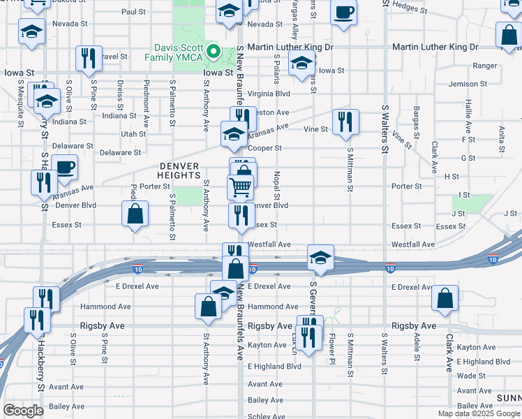 map of restaurants, bars, coffee shops, grocery stores, and more near 930 Denver Boulevard in San Antonio