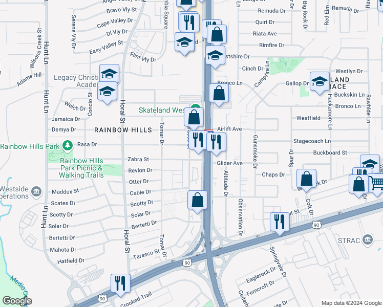 map of restaurants, bars, coffee shops, grocery stores, and more near 609 Tarasco Street in San Antonio