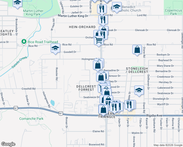 map of restaurants, bars, coffee shops, grocery stores, and more near 4427 Hampstead Street in San Antonio