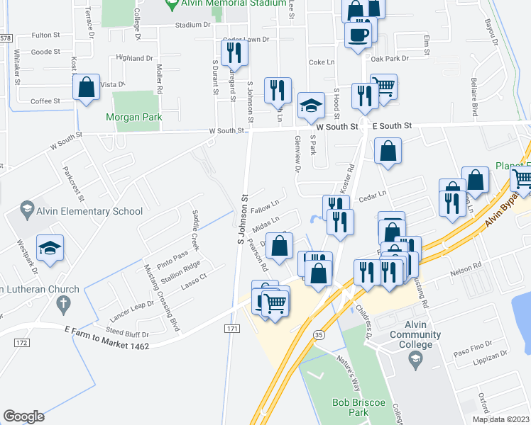 map of restaurants, bars, coffee shops, grocery stores, and more near 707 Fallow Lane in Alvin
