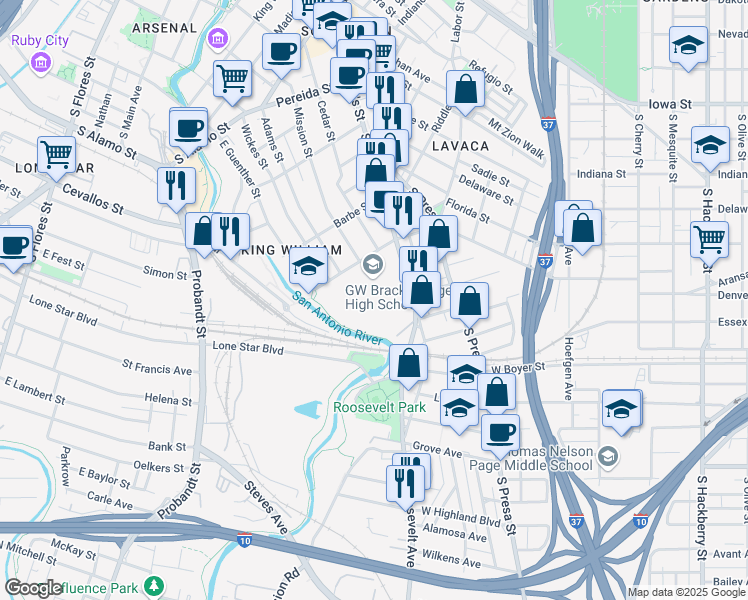 map of restaurants, bars, coffee shops, grocery stores, and more near 400 Eagleland Drive in San Antonio