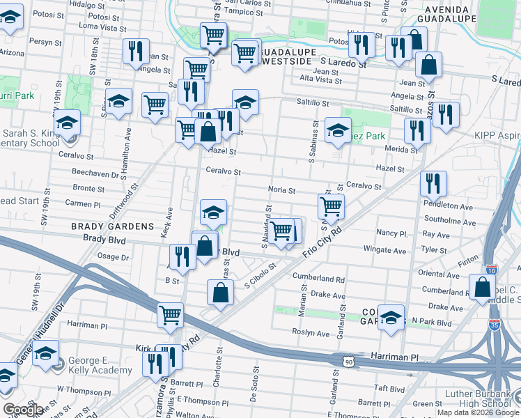map of restaurants, bars, coffee shops, grocery stores, and more near 308 Calles Street in San Antonio