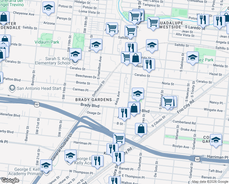 map of restaurants, bars, coffee shops, grocery stores, and more near 107 Carmen Place in San Antonio