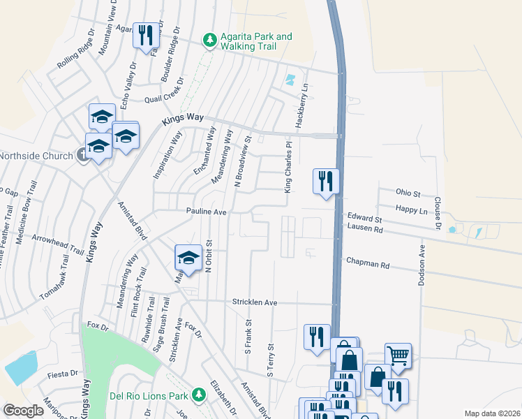 map of restaurants, bars, coffee shops, grocery stores, and more near 114 Pauline Avenue in Del Rio