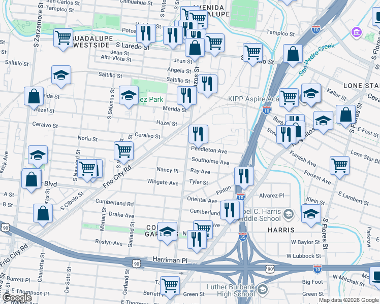map of restaurants, bars, coffee shops, grocery stores, and more near 262 Pendleton Avenue in San Antonio