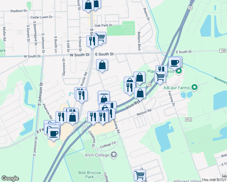 map of restaurants, bars, coffee shops, grocery stores, and more near 2315 Mustang Road in Alvin