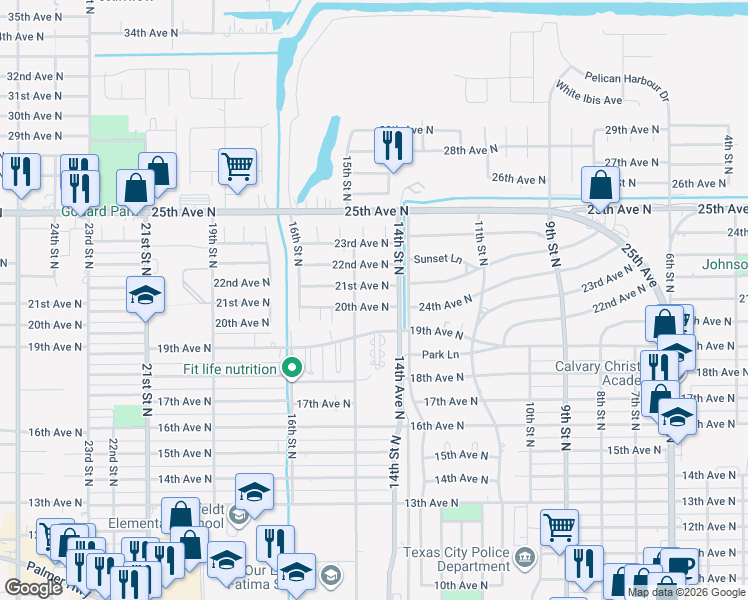 map of restaurants, bars, coffee shops, grocery stores, and more near 1419 20th Avenue North in Texas City