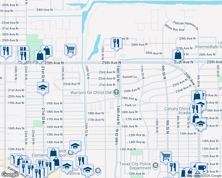 map of restaurants, bars, coffee shops, grocery stores, and more near 1419 20th Avenue North in Texas City