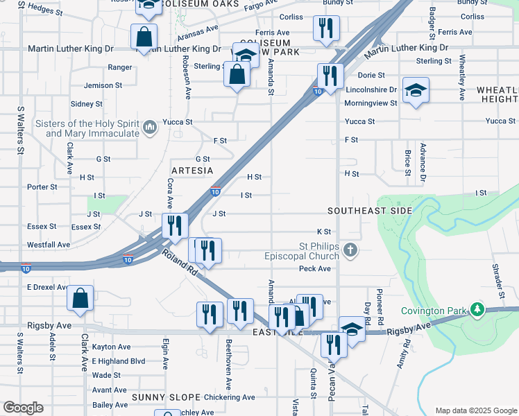 map of restaurants, bars, coffee shops, grocery stores, and more near 634 J Street in San Antonio