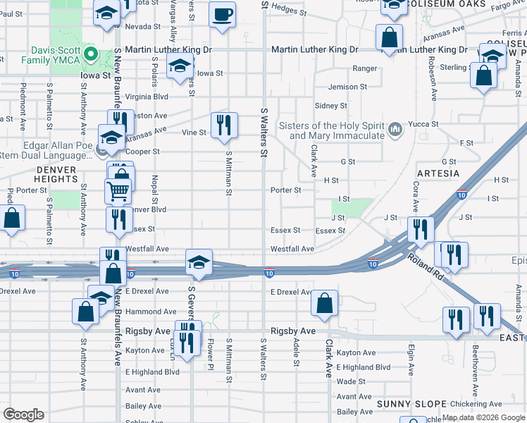 map of restaurants, bars, coffee shops, grocery stores, and more near 1246 Denver Boulevard in San Antonio