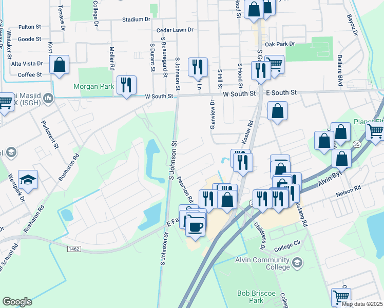 map of restaurants, bars, coffee shops, grocery stores, and more near 703 Fallow Lane in Alvin
