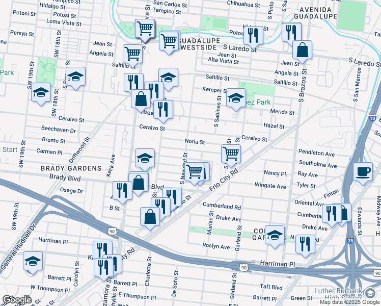 map of restaurants, bars, coffee shops, grocery stores, and more near 215 Calles Street in San Antonio