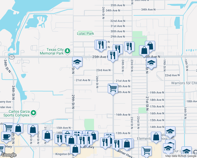 map of restaurants, bars, coffee shops, grocery stores, and more near 2013 26th Street North in Texas City