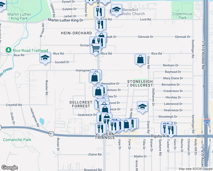 map of restaurants, bars, coffee shops, grocery stores, and more near 4515 Creekmoor Drive in San Antonio