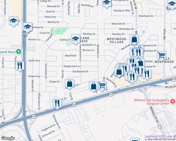 map of restaurants, bars, coffee shops, grocery stores, and more near 7518 Buckboard Street in San Antonio