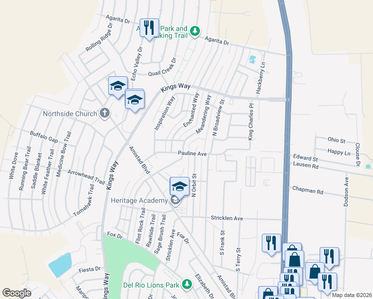 map of restaurants, bars, coffee shops, grocery stores, and more near Pauline Avenue in Del Rio