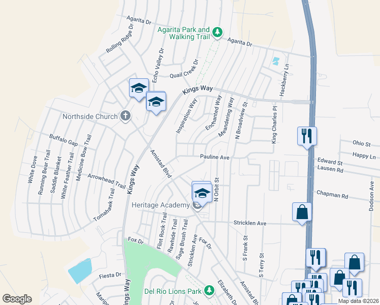 map of restaurants, bars, coffee shops, grocery stores, and more near 104 Pauline Circle in Del Rio
