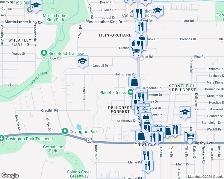 map of restaurants, bars, coffee shops, grocery stores, and more near 4402 Chesapeake in San Antonio