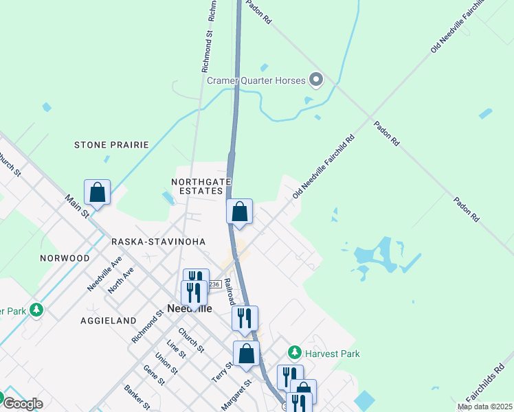map of restaurants, bars, coffee shops, grocery stores, and more near 12440 Old Needville Fairchild Road in Needville
