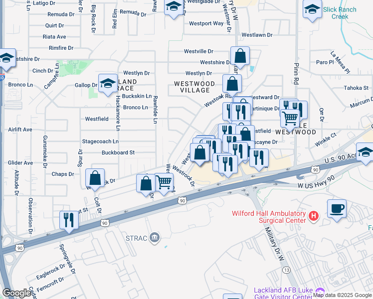 map of restaurants, bars, coffee shops, grocery stores, and more near 2601 Westward Drive in San Antonio