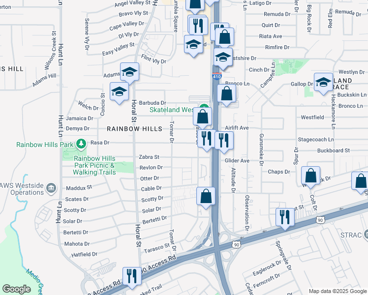 map of restaurants, bars, coffee shops, grocery stores, and more near 215 Zabra Street in San Antonio