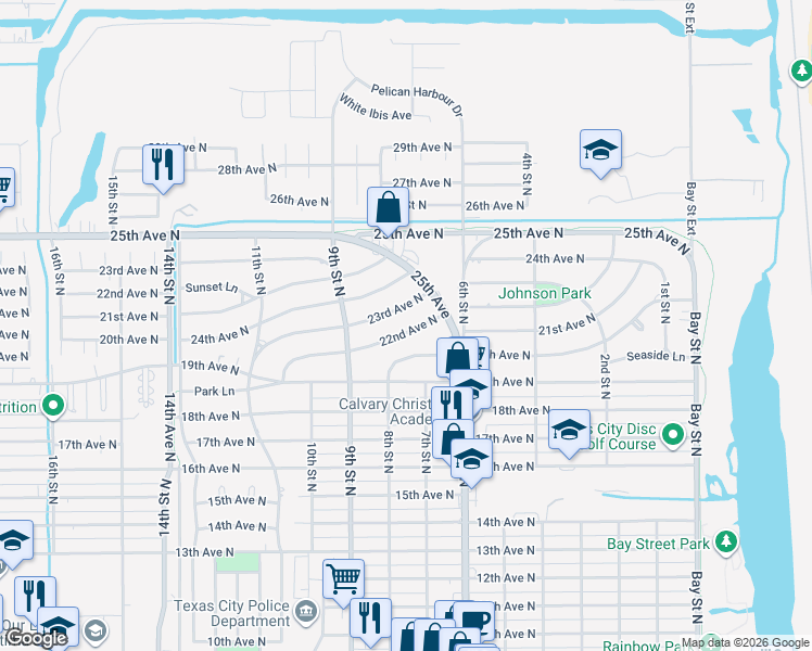 map of restaurants, bars, coffee shops, grocery stores, and more near 708 22nd Avenue North in Texas City