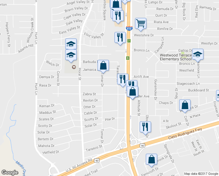 map of restaurants, bars, coffee shops, grocery stores, and more near 215 Zabra Street in San Antonio