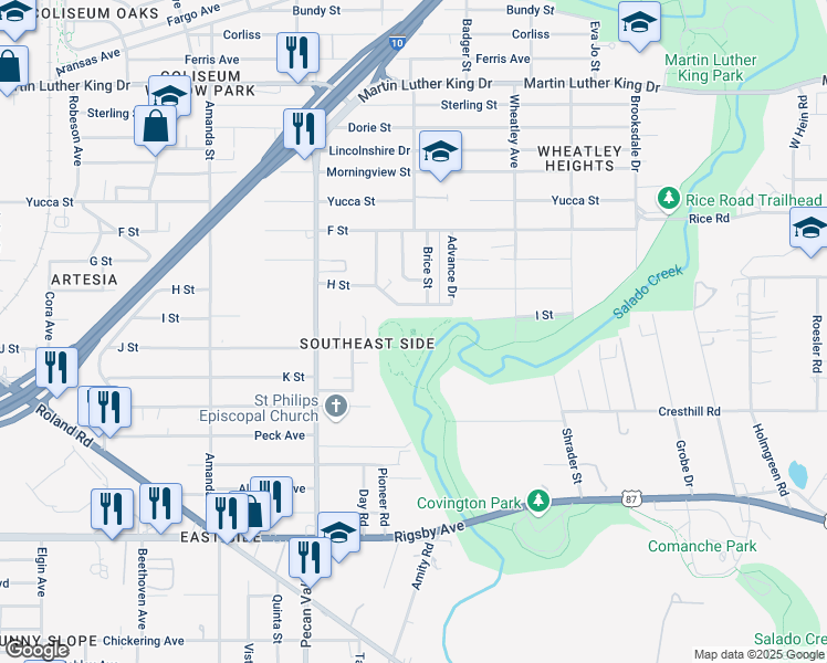 map of restaurants, bars, coffee shops, grocery stores, and more near 800 J Street in San Antonio